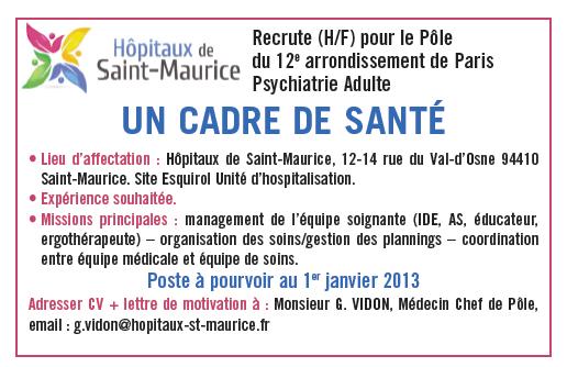 Les hÃ´pitaux de Saint-Maurice recherche un cadre de santÃ©